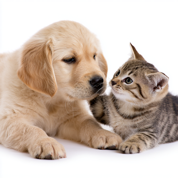 Golden Retriever Puppy and Tabby Kitten Playing Together