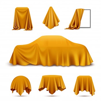 Golden silk cloth covered objects realistic set with draped frame car hanging napkin tablecloth curtain Free Vector