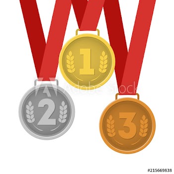 Golden, silver and bronze medals with red ribbons