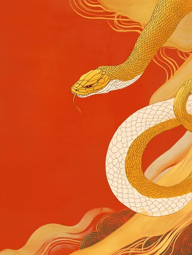 Golden snake illustration on red background for Chinese New Year decor