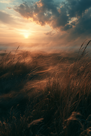 Golden Sunrise Over Serene Grassland
