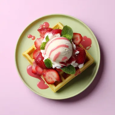 Golden Waffle with Strawberries and Gelato on Mint Plate Golden Waffle with Strawberries and Gelato on Mint Plate