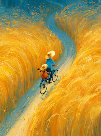 Golden Wheat Fields - Farmer and Girl on Bicycle