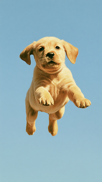 Golden Yellow Puppy Soaring in Clear Sky