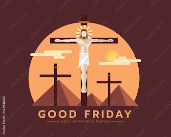 Good friday, a day of prayer and fasting text - Jesus Christ Crucified On The Cross Vector and sunset for good friday in circle illustration design