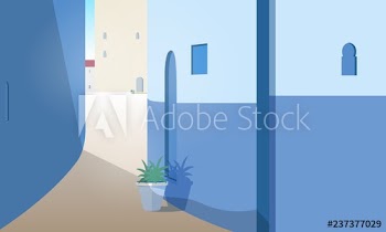 Gorgeous cityscape with Moroccan street with building walls, doors and outdoor plants growing in pots