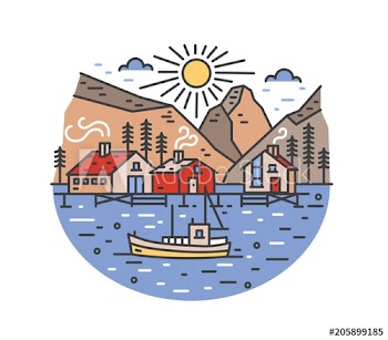 Gorgeous landscape with boat sailing in sea and passing by stilt houses, spruce trees and mountains
