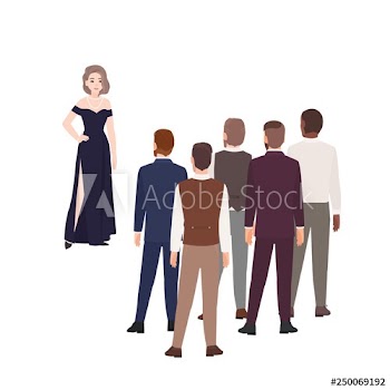 Gorgeous woman in evening dress standing in front of group of men dressed in formal clothing