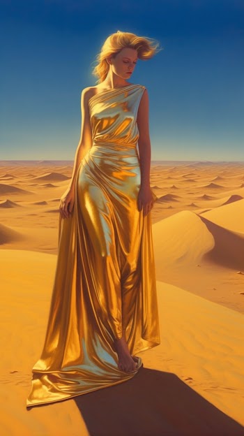 Gorgeous young woman in shiny satin dress flowing seamlessly into the sand dunes