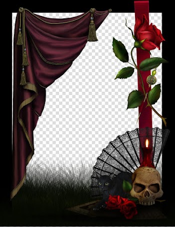 Gothic Rose Frame, brown skull under red rose transparent background PNG clipart