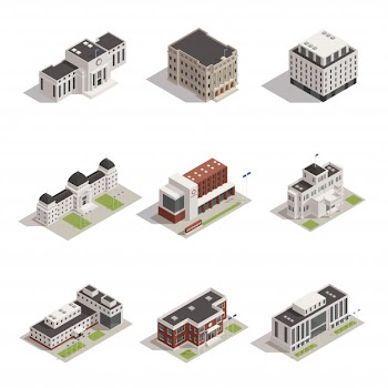 Government buildings isometric icons set Free Vector