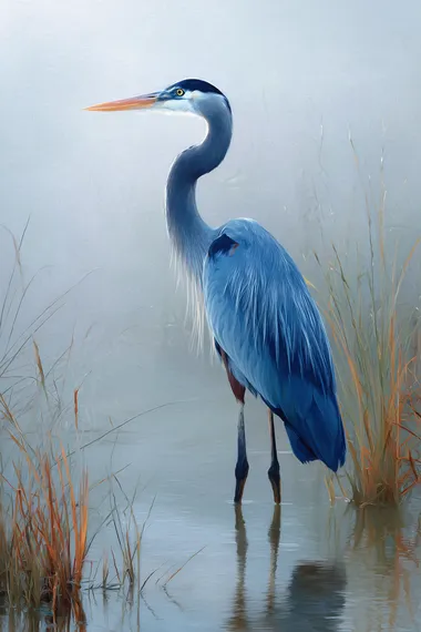 Graceful Blue Heron in Misty Sunrise Graceful Blue Heron in Misty Sunrise