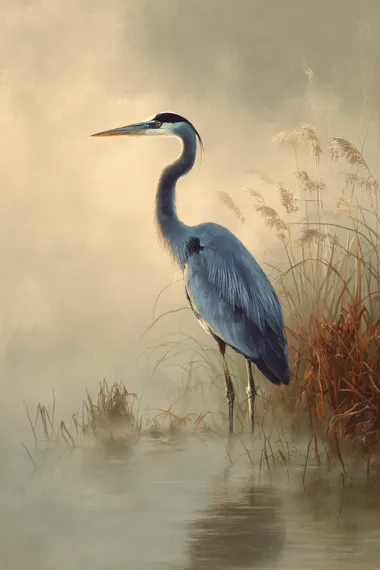 Graceful Blue Heron in Serene Morning Mist Graceful Blue Heron in Serene Morning Mist