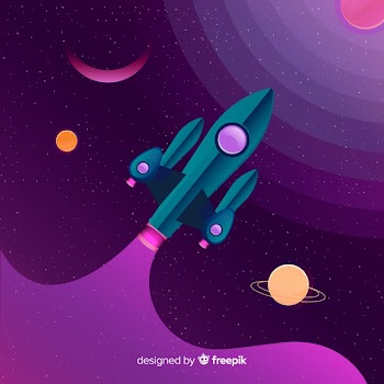 Gradient galaxy background with a rocket Free Vector