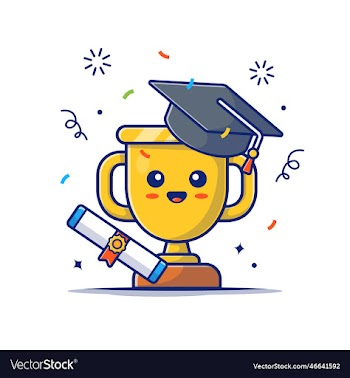 graduation trophy with hat and certificate cartoon