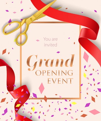 Grand opening event lettering with confetti Free Vector