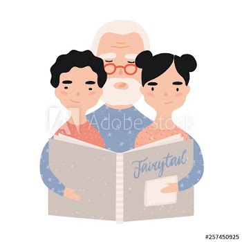 Granddad reading book with grandchildren