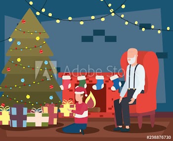 grandfather and grandson celebrating christmas in living room with tree