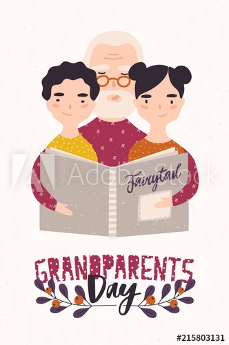 Grandfather reading book with grandchildren