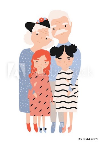 Grandma and grandpa embracing their granddaughters