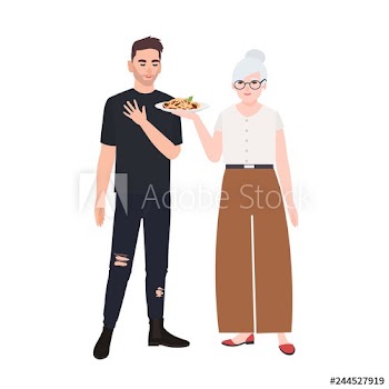 Grandmother offering plate with pasta to her grandson
