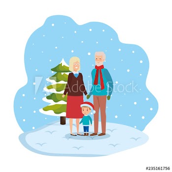 grandparents couple with grandson in snowscape