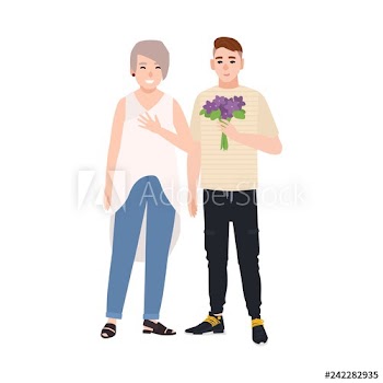 Grandson giving flower bouquet to his grandmother