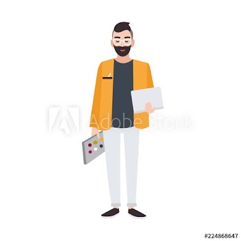 Graphic, web or interior designer or creative worker holding color palette and laptop