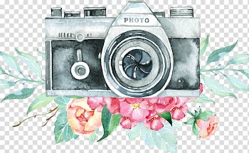 Gray and black camera and pink flowers art, Logo Watercolor painting , old recording camera transparent background PNG clipart