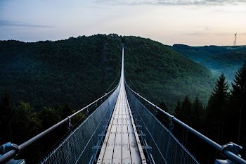 gray and black wooden bridge across mountains covered by trees