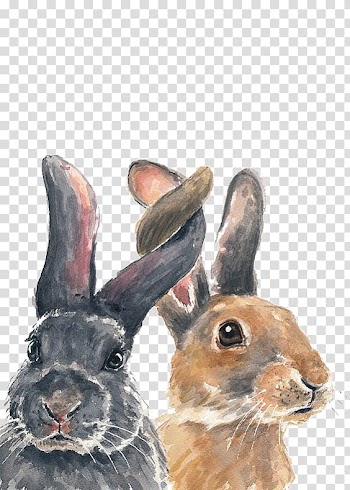 Gray and brown rabbits painting, Bunnies transparent background PNG clipart
