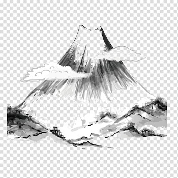 Gray and white mountain illustration, Japanese art Ink wash painting Japanese painting, Wash mountain transparent background PNG clipart