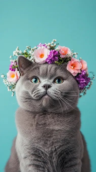 Gray British Shorthair Cat Smiling with Flower Crown in Turquoise Room Gray British Shorthair Cat Smiling with Flower Crown in Turquoise Room