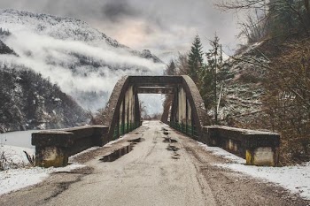 gray concrete arch bride beside leafless tree near mountain range