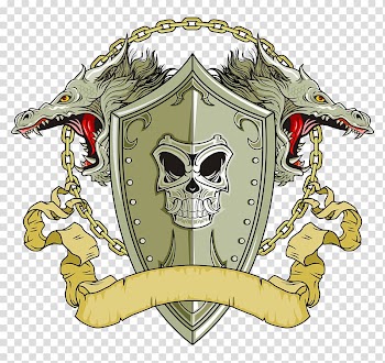 Gray dragon head and shield logo, Shield Dragon Illustration, Skull Shield transparent background PNG clipart
