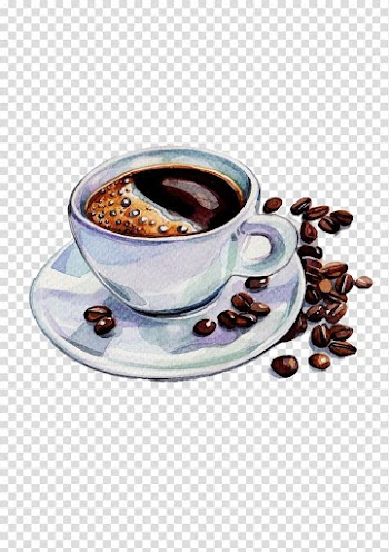 Gray mug filled with coffee art, Coffee Tea Espresso Cafe Watercolor painting, Coffee and coffee beans transparent background PNG clipart