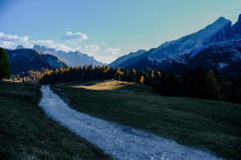 Gray Pathway Between Green Grasses Near Snow Capped Mountain