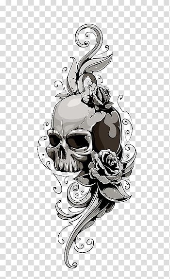 Gray skull with flower , Human skull symbolism Tattoo Illustration, Halloween transparent background PNG clipart