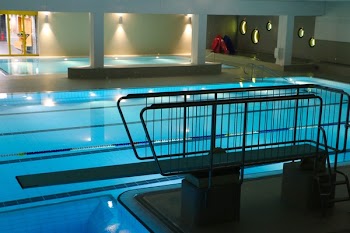 Gray Steel Platform With Stairs Beside White In-ground Pool