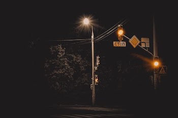 gray street post near green trees during nighttime