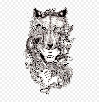 Gray wolf Drawing Art Sketch - Woman with a lion mask 