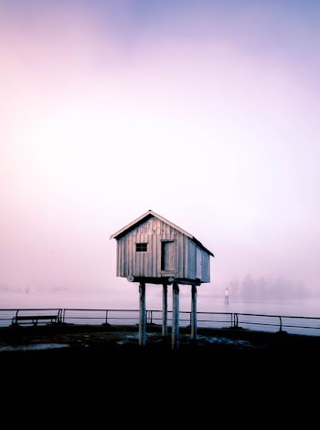 gray wooden storage shed under gray sky