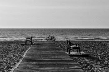 Grayscale Photo of Bicycle Beside Seashore