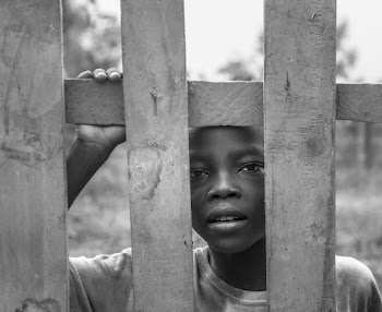 Grayscale Photo of Boy Standing Behind Wooden Fence
