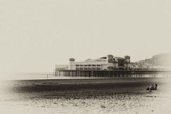 Grayscale Photo of Building Surrounded by Body of Water