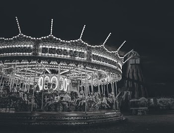 grayscale photo of carousel