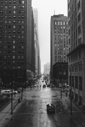 grayscale photo of city street