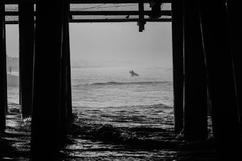 grayscale photo of dock and body of water