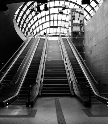 Grayscale Photo Of Escalators