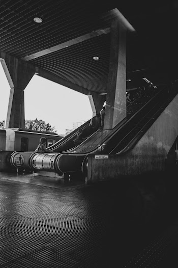 Grayscale Photo of Escalators